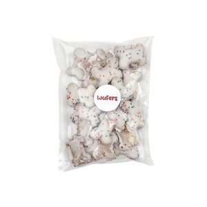 Bag of white dog treat bones with rainbow sprinkles