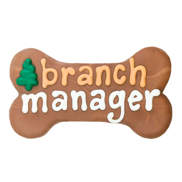 6" Bone Dog Treat that says 'Branch Manager'. Made in North America and with locally sourced ingredients.